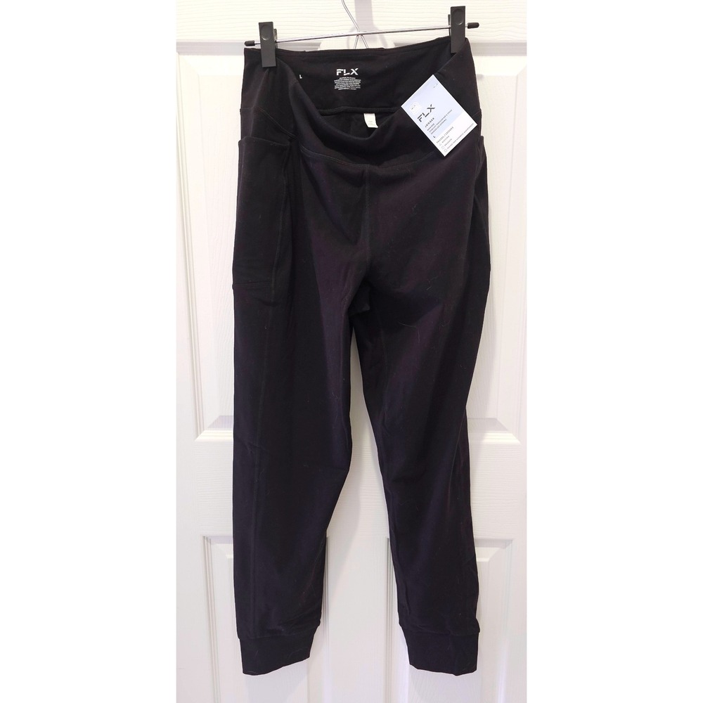 FLX Womens Cuffed Ankle Leggings Black High Waisted Jogger Pants Large NWT